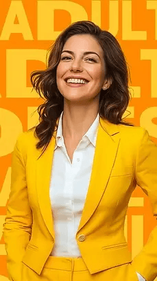 Mulher jovem com terno amarelo sem gravata, camisa branca, sorrindo